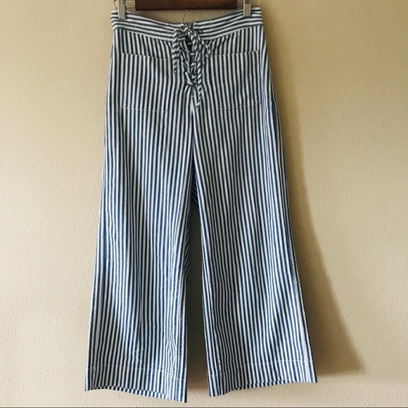 Madewell High Rise Wide Leg Cropped Pants Lace Up Striped Blue White Size 0 - Picture 2 of 6